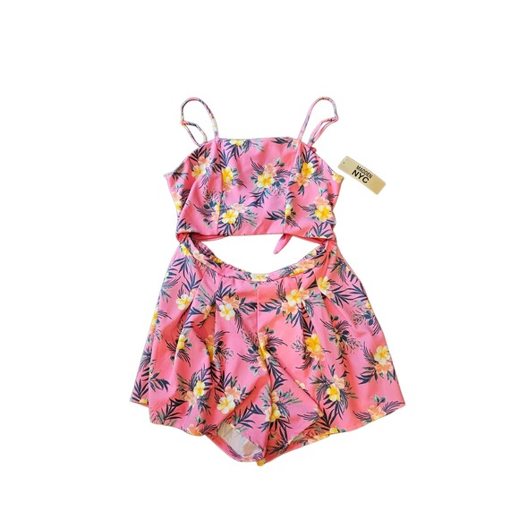 Madden Nyc Pants - Madden NYC Women's Pink Tropical Floral Cutout Tie Back Romper Size XL 15-17 NWT